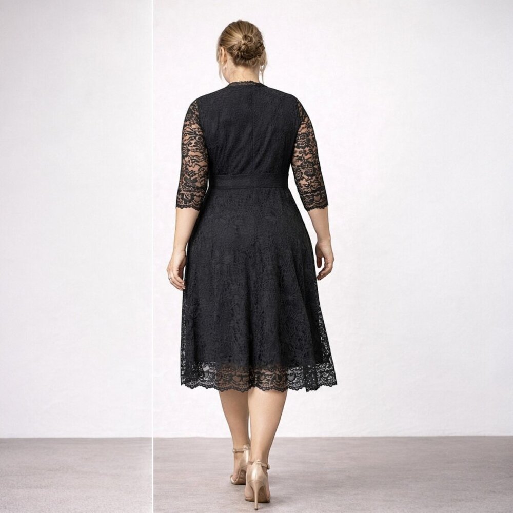 Women's Flattering Plus Size 4XL Black Lace Midi Dress 3/4 Sleeve - Picture 2 of 8